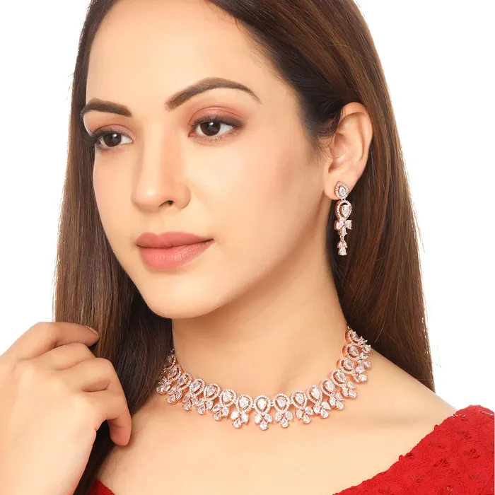 Yellow Chimes American Diamond Necklace Set For Women White Stone Rose Gold Jewellery Set For Women Diamond Necklace Set Birthday Gift for Girls Anniversary Gift for Wife Yellow Chimes Rings