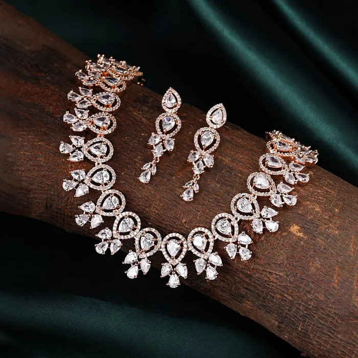 Yellow Chimes American Diamond Necklace Set For Women White Stone Rose Gold Jewellery Set For Women Diamond Necklace Set Birthday Gift for Girls Anniversary Gift for Wife Yellow Chimes Rings