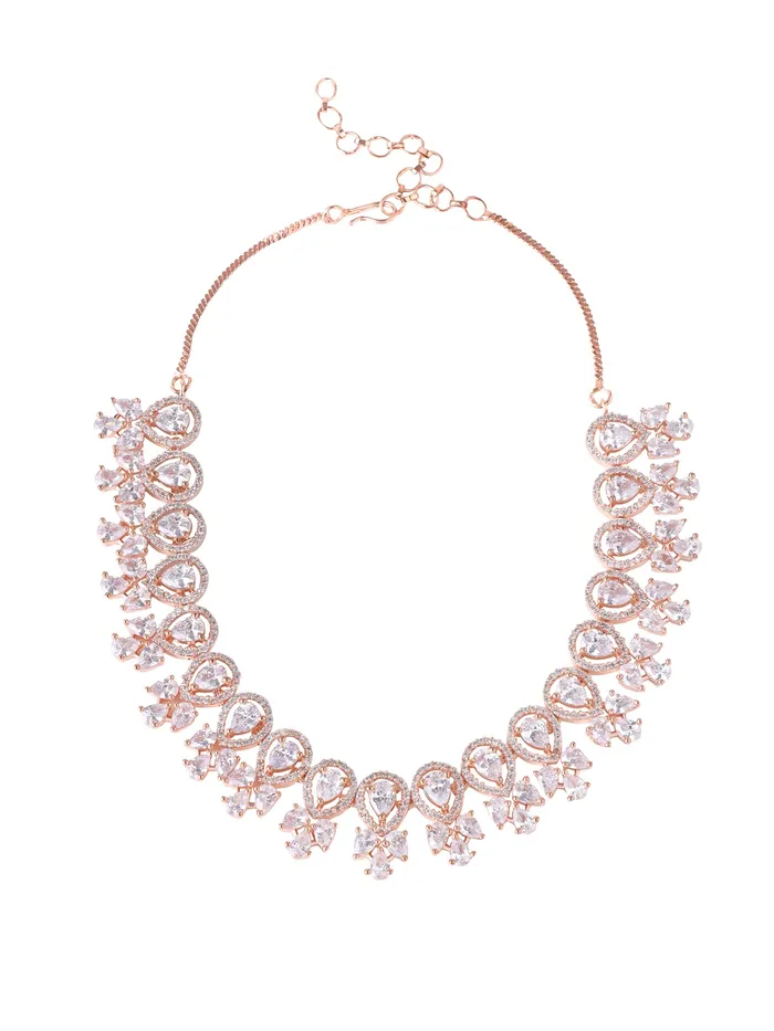 Yellow Chimes American Diamond Necklace Set For Women White Stone Rose Gold Jewellery Set For Women Diamond Necklace Set Birthday Gift for Girls Anniversary Gift for Wife Yellow Chimes Rings