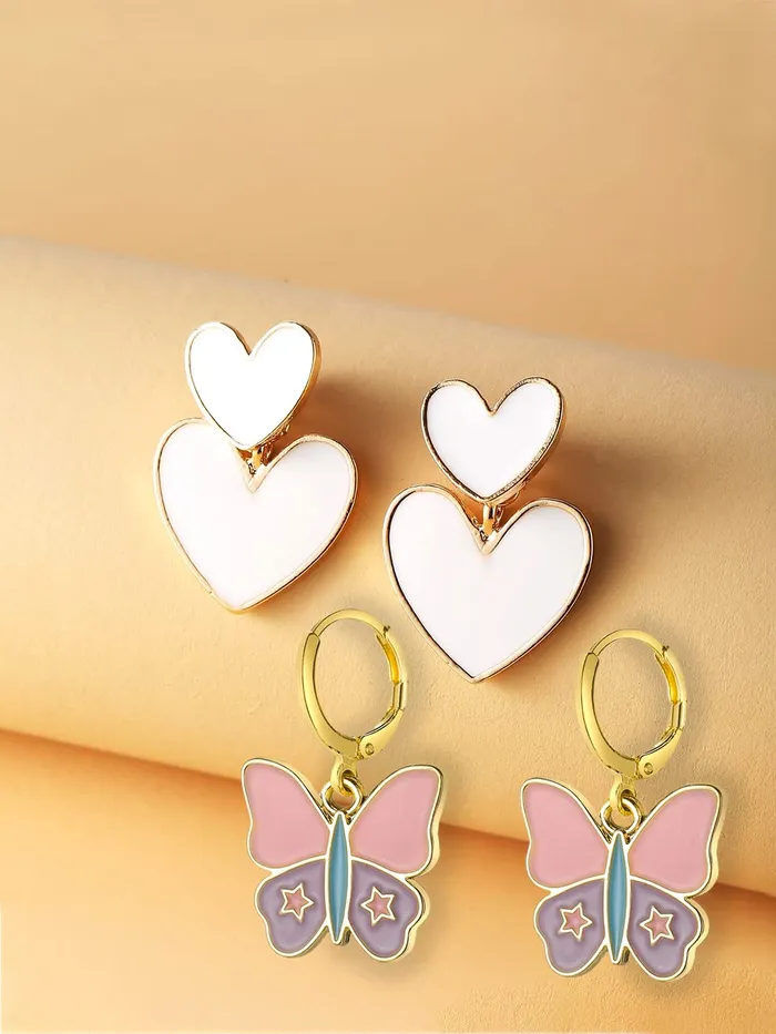 Yellow Chimes Bracelets Yellow Chimes Earring For Women Combo Of 2 Pcs Gold Tone Huggie Hoop With Butterfly Charm and White Color Double Heart Drop Earrings For Women and Girls