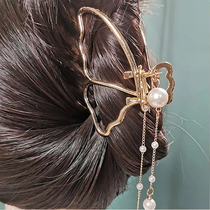 Yellow Chimes Bracelets Yellow Chimes Hair Clip For Women Gold Toned Cluthers Long Hair Claw Clip With Hanging Butterfly Charm Hair Clutch For Women and Girls