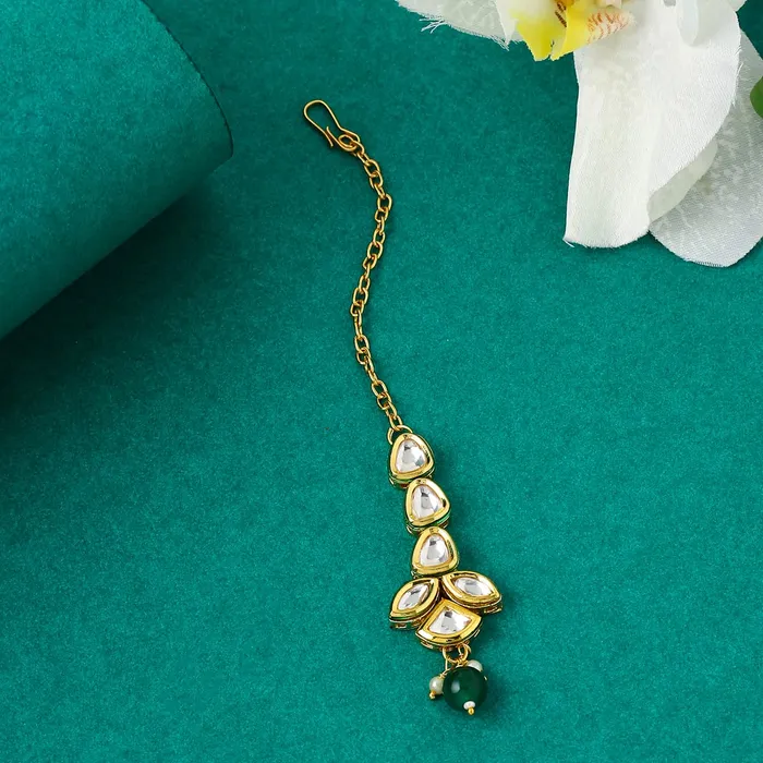 Yellow Chimes Bracelets Yellow Chimes Maangtikka for Women Gold Toned Kundan Studded Floral Designed Green Beads Drop Maangtikka for Women and Girls