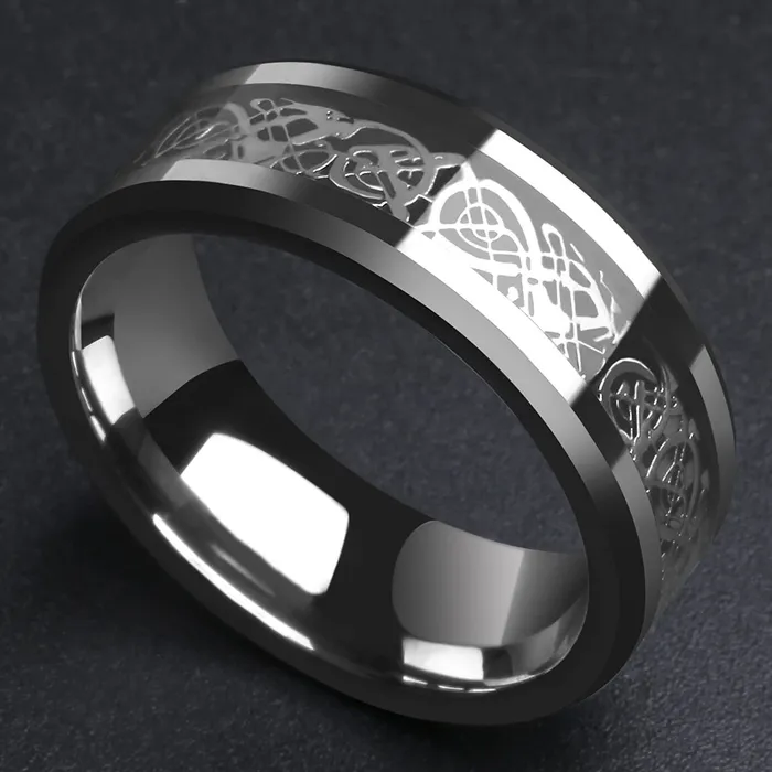 Yellow Chimes Bracelets Yellow Chimes Rings for Men Dragon Celtic Inlay Polish Finish Silver Base Titanium Steel Ring for Men and Boys