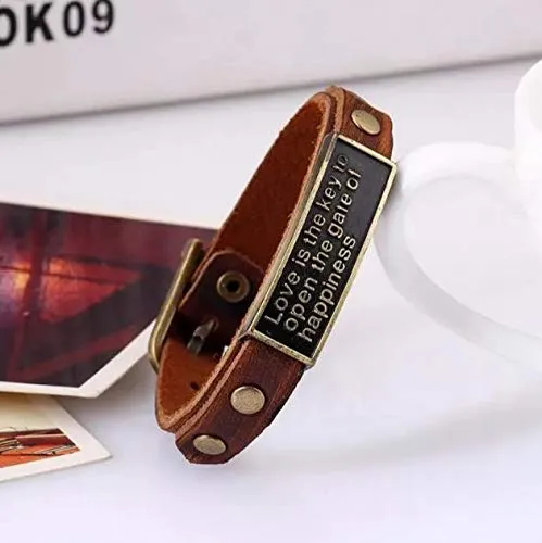 Yellow Chimes Bracelets Yellow Chimes Vintage Love is The Key to Open The Gate of Happiness Engraved Message Genuine Leather for Men and Boys