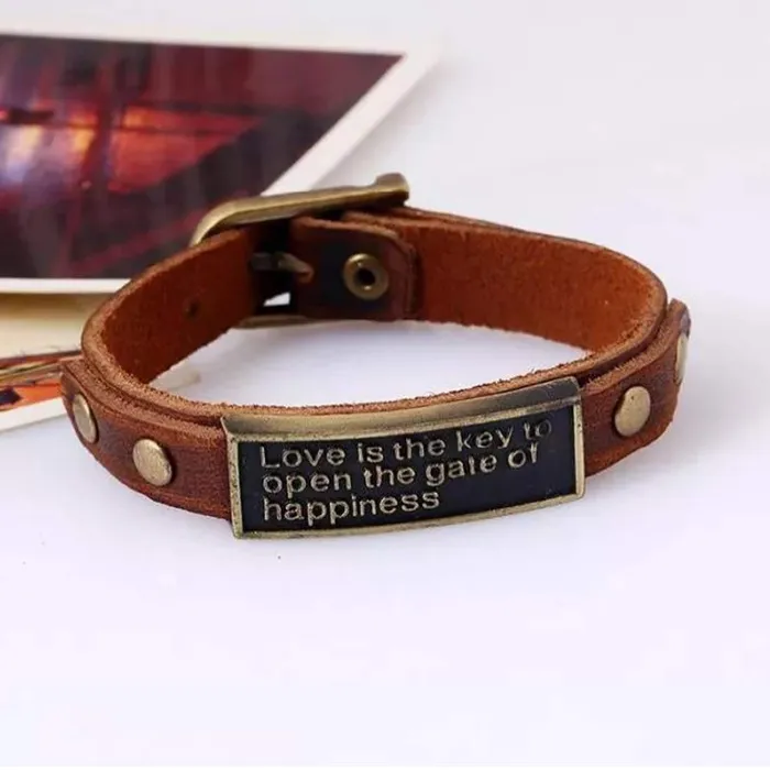 Yellow Chimes Bracelets Yellow Chimes Vintage Love is The Key to Open The Gate of Happiness Engraved Message Genuine Leather for Men and Boys