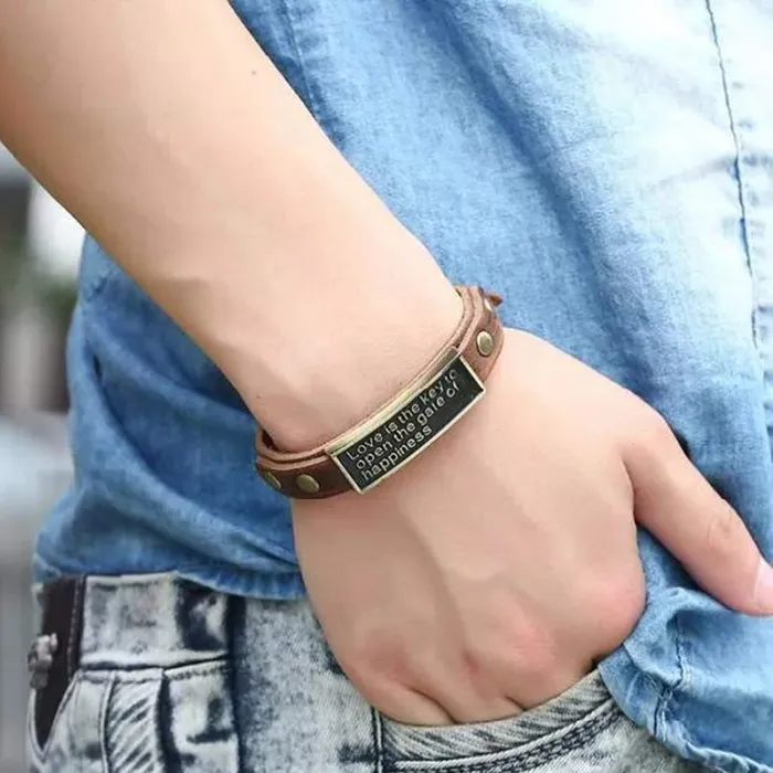 Yellow Chimes Bracelets Yellow Chimes Vintage Love is The Key to Open The Gate of Happiness Engraved Message Genuine Leather for Men and Boys