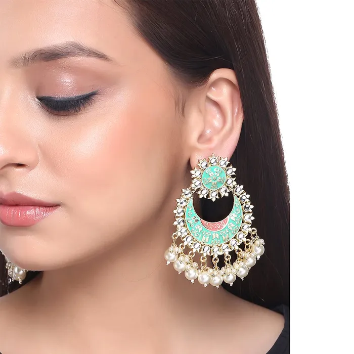 Yellow Chimes Chandbali Earrings for Women Ethnic Gold Plated Traditional Blue Meenakari Pearl Moti Chand bali Earrings for Women and Girls Yellow Chimes Necklaces