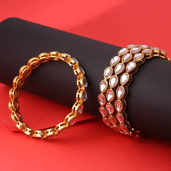 Yellow Chimes Classic Design White Kundan Studded 4 PCs Traditional Gold Plated Bangles Set for Women and Girls 28 Yellow Chimes Necklaces