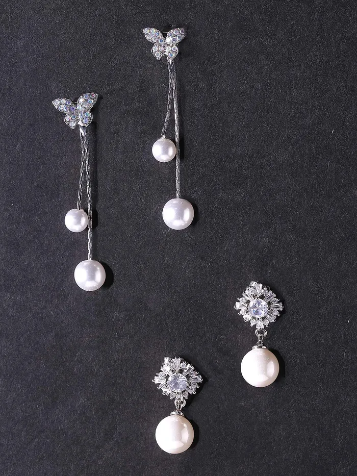 Yellow Chimes Combo of Two Pairs Designer Crystal Flower Pearl Butterfly Drop Earrings for Women and Girls Yellow Chimes Earrings