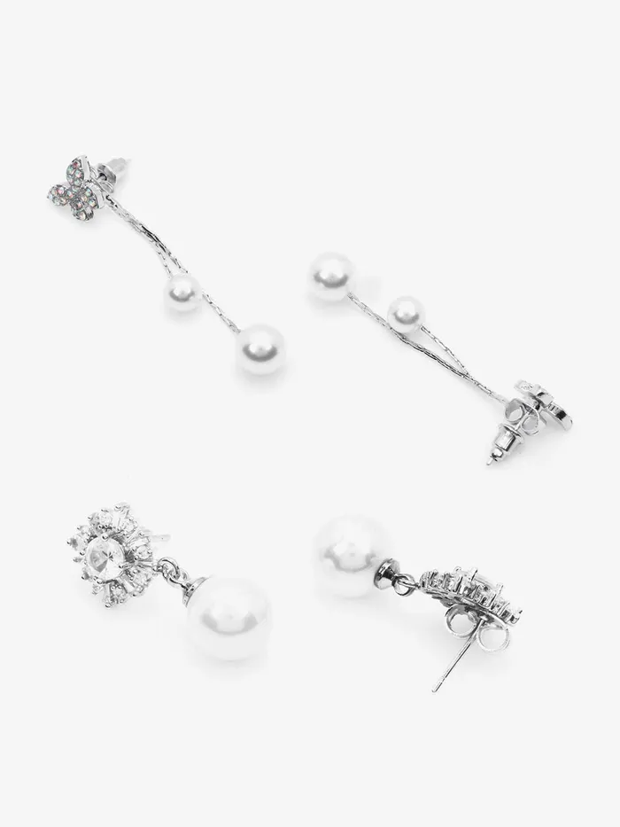 Yellow Chimes Combo of Two Pairs Designer Crystal Flower Pearl Butterfly Drop Earrings for Women and Girls Yellow Chimes Earrings