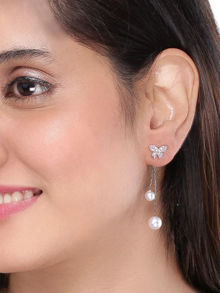 Yellow Chimes Combo of Two Pairs Designer Crystal Flower Pearl Butterfly Drop Earrings for Women and Girls Yellow Chimes Earrings