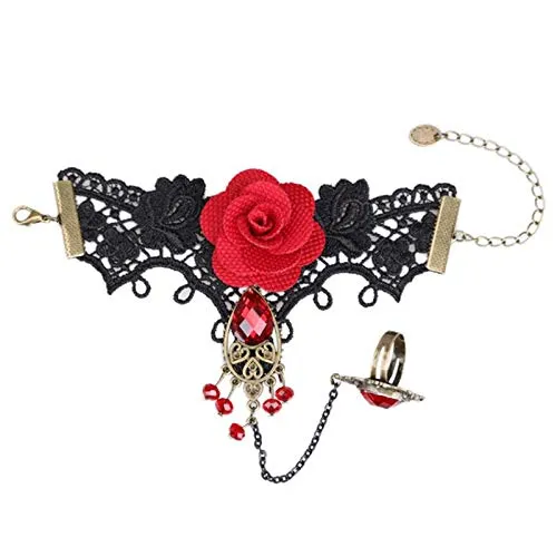 Yellow Chimes Designer Collection Gothic Red Black Rose Lace Hand Harness with Adjustable Finger Ring Charm Bracelet for Women and Girls Yellow Chimes Rings Yellow Chimes Designer Collection Gothic Red Black Rose Lace Hand Harness with Adjustable Finger Ring Charm Bracelet for Women and Girls Yellow Chimes Rings