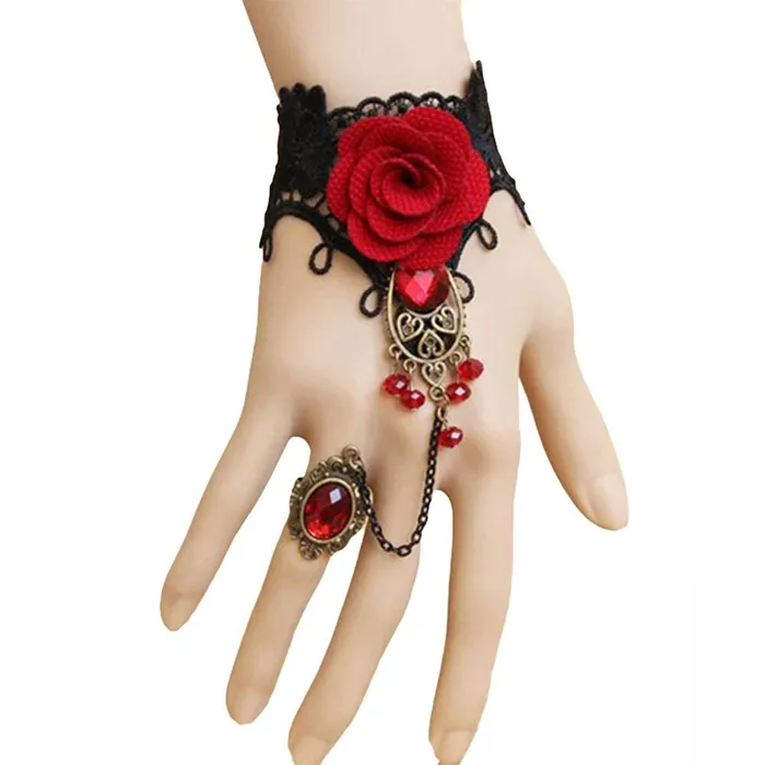 Yellow Chimes Designer Collection Gothic Red Black Rose Lace Hand Harness with Adjustable Finger Ring Charm Bracelet for Women and Girls Yellow Chimes Rings