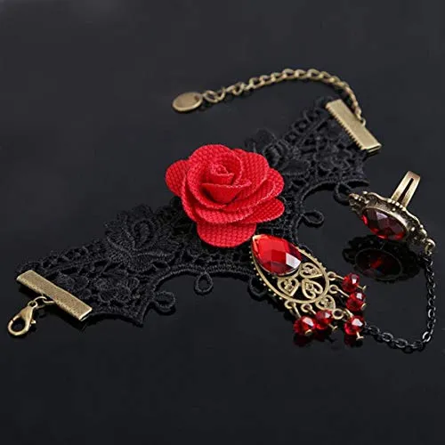 Yellow Chimes Designer Collection Gothic Red Black Rose Lace Hand Harness with Adjustable Finger Ring Charm Bracelet for Women and Girls Yellow Chimes Rings