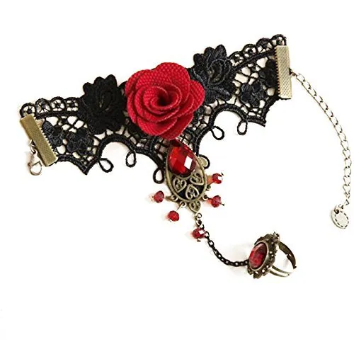 Yellow Chimes Designer Collection Gothic Red Black Rose Lace Hand Harness with Adjustable Finger Ring Charm Bracelet for Women and Girls Yellow Chimes Rings