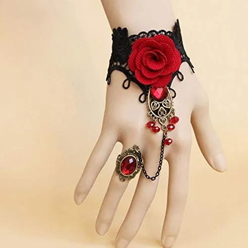 Yellow Chimes Designer Collection Gothic Red Black Rose Lace Hand Harness with Adjustable Finger Ring Charm Bracelet for Women and Girls Yellow Chimes Rings