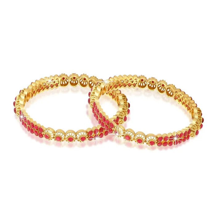 Yellow Chimes Designer Ruby Stones 2 PC Bangle Set Traditional Gold Plated Bangles for Women and Girls 26 Yellow Chimes Rings