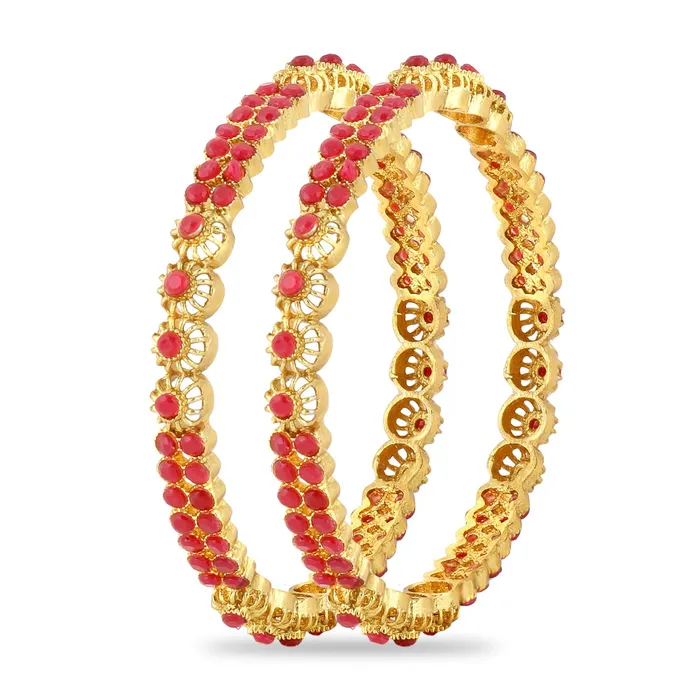 Yellow Chimes Designer Ruby Stones 2 PC Bangle Set Traditional Gold Plated Bangles for Women and Girls 26 Yellow Chimes Rings