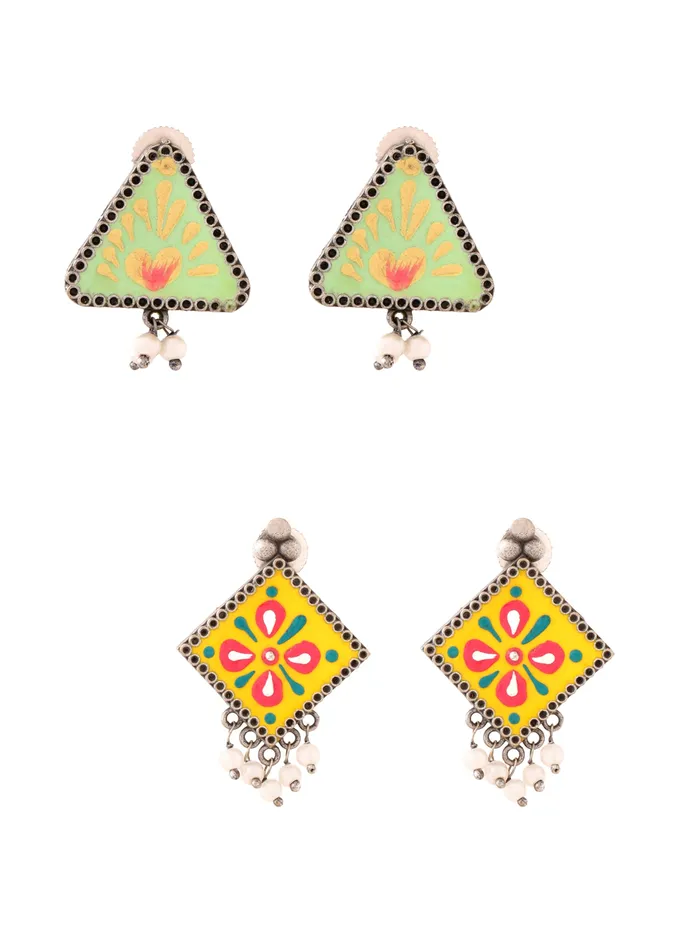 Yellow Chimes Earrings Combo of 2 Pairs Silver Oxidised Meenakari Earrings for Women Traditional Design Lightweight Multi Yellow Chimes Earrings Combo of 2 Pairs Silver Oxidised Meenakari Earrings for Women Traditional Design Lightweight Multi
