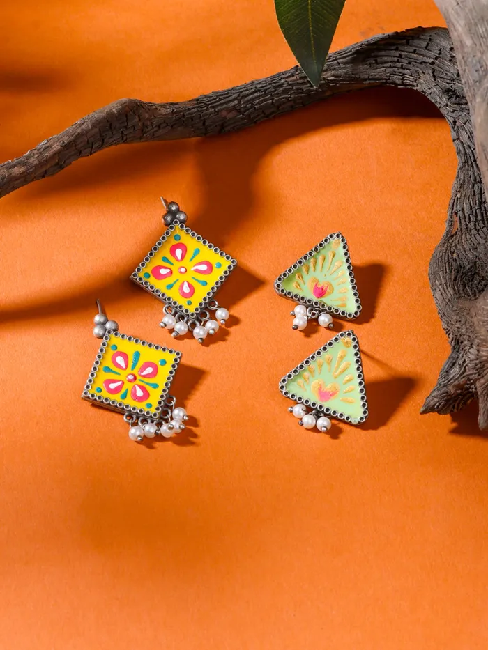 Yellow Chimes Earrings Combo of 2 Pairs Silver Oxidised Meenakari Earrings for Women Traditional Design Lightweight Multi