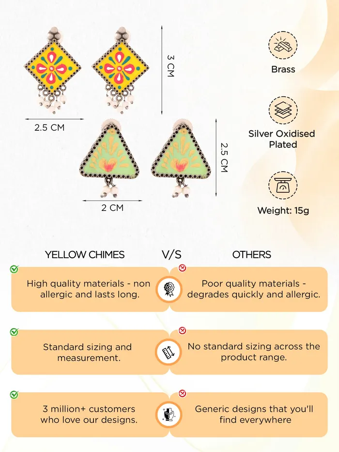 Yellow Chimes Earrings Combo of 2 Pairs Silver Oxidised Meenakari Earrings for Women Traditional Design Lightweight Multi