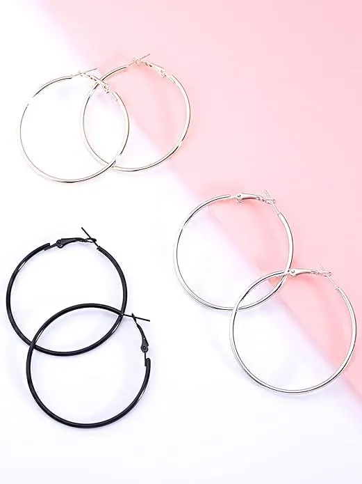 Yellow Chimes Earrings for Women and Girls Fashion Multicolor Hoop Earrings 3 Pairs Silver Black Gold Toned Hoops Earring Set Birthday Gift for Girls Women Anniversary Gift for Wife Yellow Chimes Rings