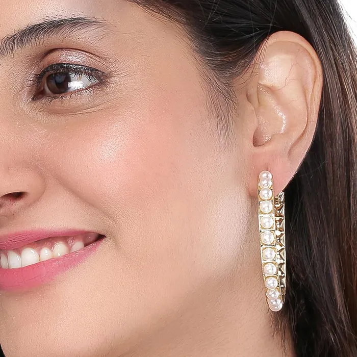 Yellow Chimes Earrings for Women and Girls Fashion White Pearl Hoops Set Gold Plated Combo of 12 Pairs Stud Hoop Earring Set Birthday Gift for girls and women Anniversary Gift for Wife Yellow Chimes Rings