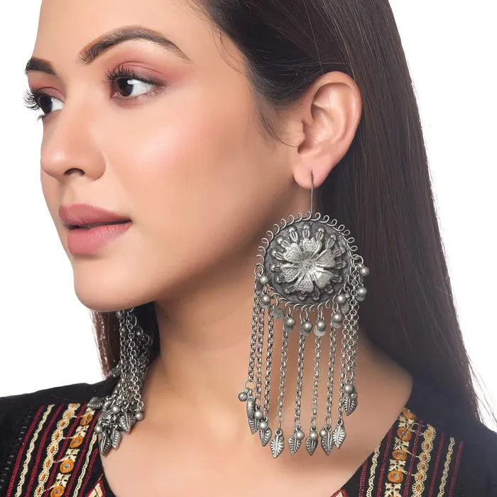 Yellow Chimes Earrings for Women and Girls Silver Oxidised DanglerSilver Oxidised Floral Designed Dangler EarringsBirthday Gift For girls and women Anniversary Gift for Wife Yellow Chimes Earrings