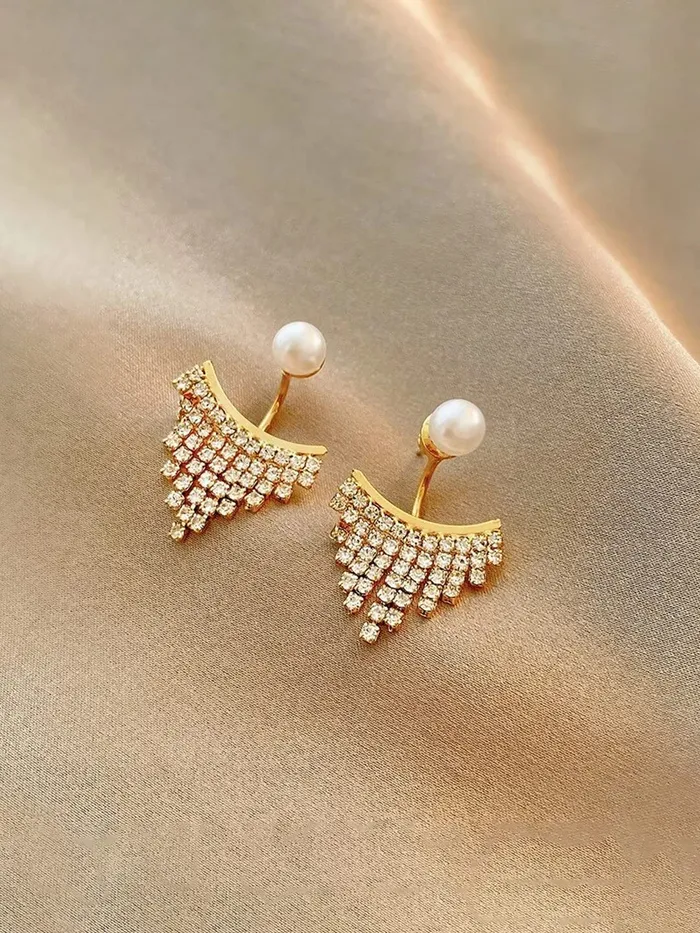 Yellow Chimes Earrings For Women Gold Toned Pearl Stud Back Drop Crystal Studded Drop Earrings For Women and Girls Yellow Chimes Earrings