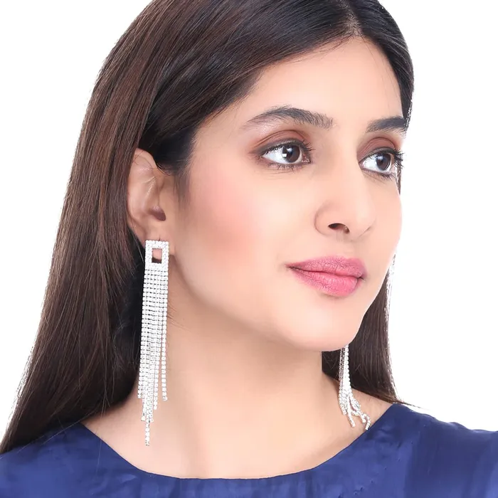 Yellow Chimes Earrings Kairangi Earrings for Women and Girls Fashion White Crystal Studded Dangler Earring Silver Toned Western Long Dangler Earrings Birthday Gift for Girls and Women Anniversary Gift for Wife