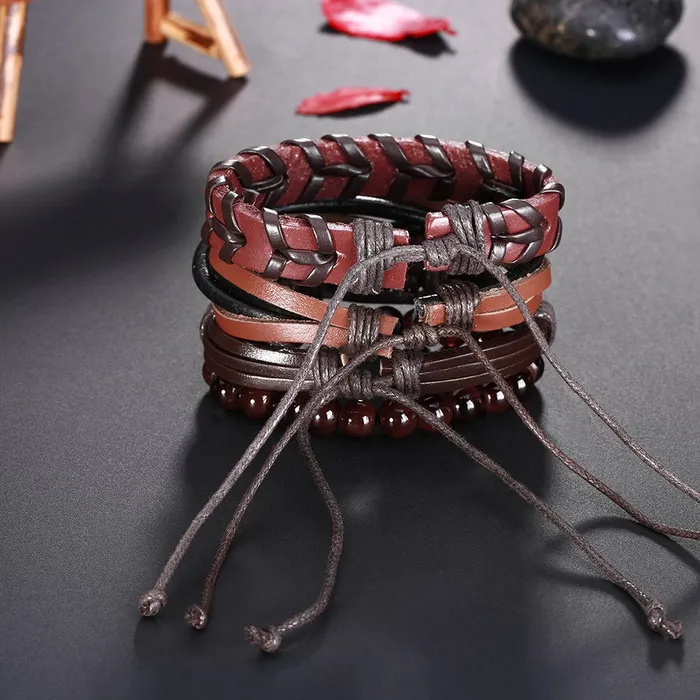 Yellow Chimes Earrings Yellow Chimes 4 pcs Retro Cowhide Woven Wrap Natural Beads Mens Women BraceletUnisex Wrap