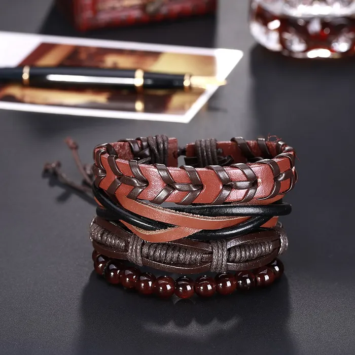 Yellow Chimes Earrings Yellow Chimes 4 pcs Retro Cowhide Woven Wrap Natural Beads Mens Women BraceletUnisex Wrap
