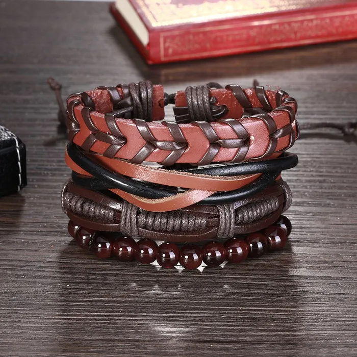 Yellow Chimes Earrings Yellow Chimes 4 pcs Retro Cowhide Woven Wrap Natural Beads Mens Women BraceletUnisex Wrap