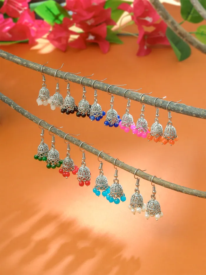 Yellow Chimes Earrings Yellow Chimes 9 Pairs Lively Colors Jhumki by Yellow Chimes Jhumki Earrings for Women Silver Oxidized YCTJEROXD9CSL