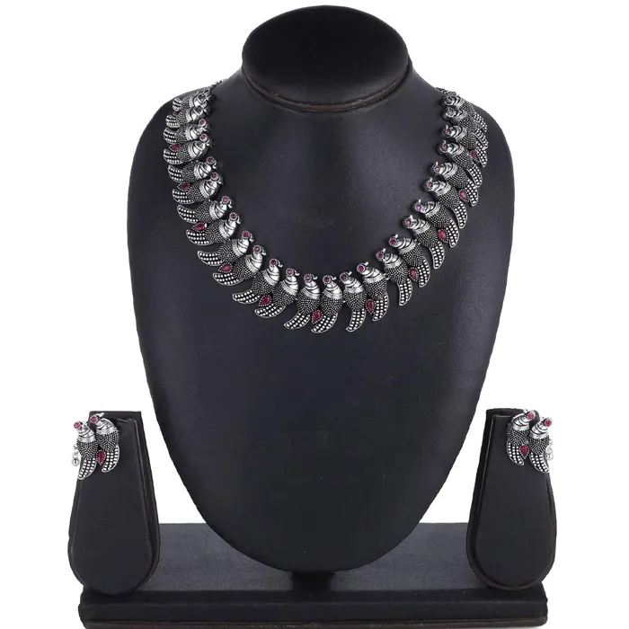 Yellow Chimes Earrings Yellow Chimes Antique Look Genuine German Silver Oxidised Jewellery Set Designer Parrot Carved Choker Necklace Set for Women and Girls