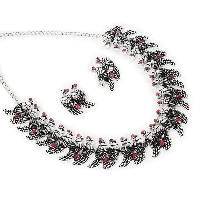 Yellow Chimes Earrings Yellow Chimes Antique Look Genuine German Silver Oxidised Jewellery Set Designer Parrot Carved Choker Necklace Set for Women and Girls
