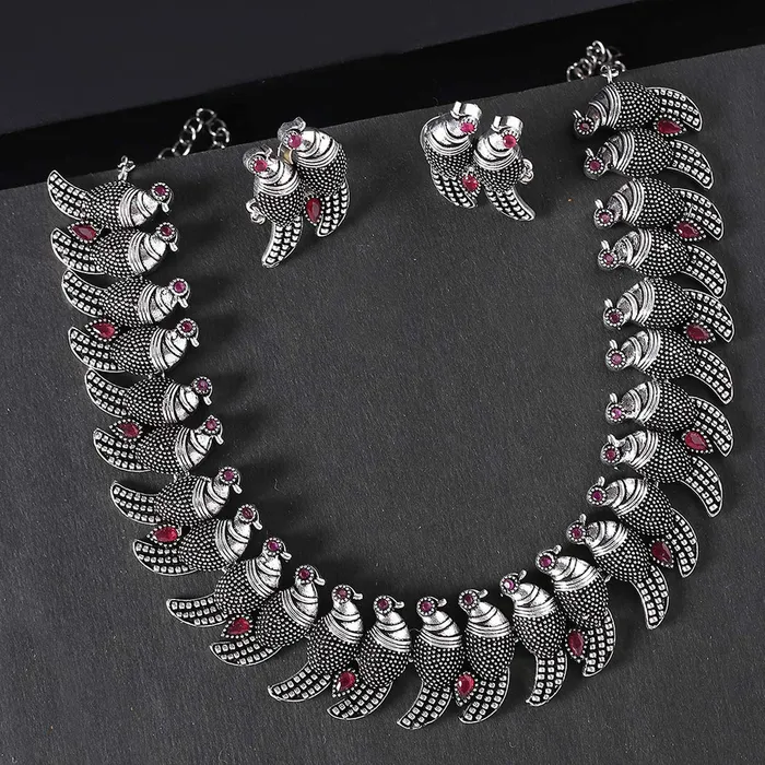 Yellow Chimes Earrings Yellow Chimes Antique Look Genuine German Silver Oxidised Jewellery Set Designer Parrot Carved Choker Necklace Set for Women and Girls