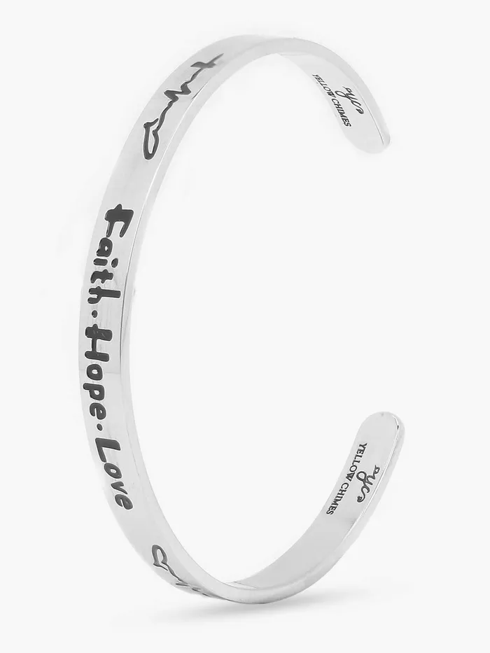 Yellow Chimes Earrings Yellow Chimes Bracelet for Unisex Faith Hope Love Inspirational Gifts Message Engraved Mirror Polish Stainless Steel Unisex Karma Band Kada Bracelet for Men and Women