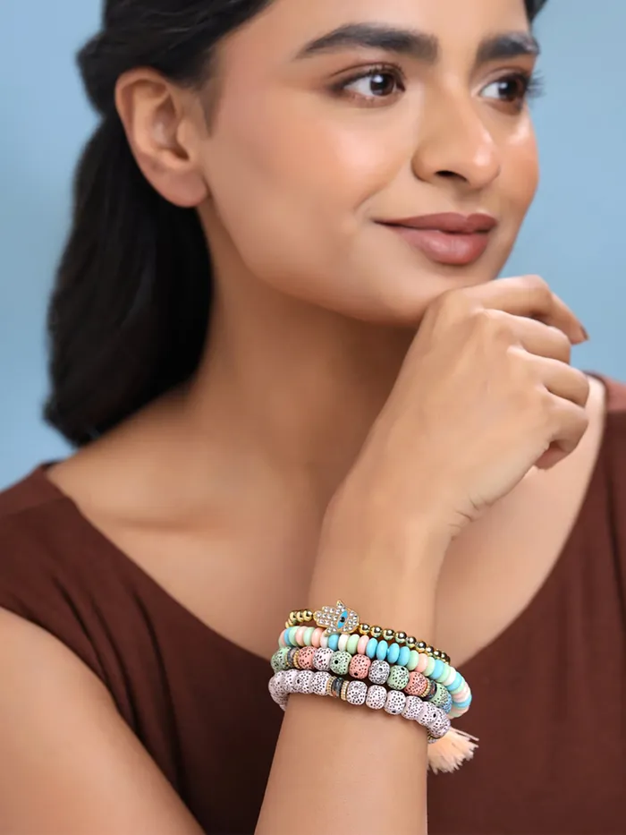 Yellow Chimes Earrings Yellow Chimes Bracelet for Women and Girls Evil Eye Nazariya Bracelets for Women 4 Pcs Multicolor Beads Layered Bracelet Birthday Gift For girls and women Anniversary Gift for Wife
