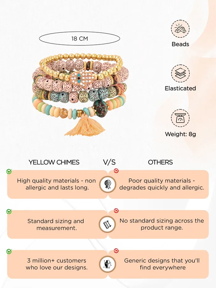 Yellow Chimes Earrings Yellow Chimes Bracelet for Women and Girls Evil Eye Nazariya Bracelets for Women 4 Pcs Multicolor Beads Layered Bracelet Birthday Gift For girls and women Anniversary Gift for Wife