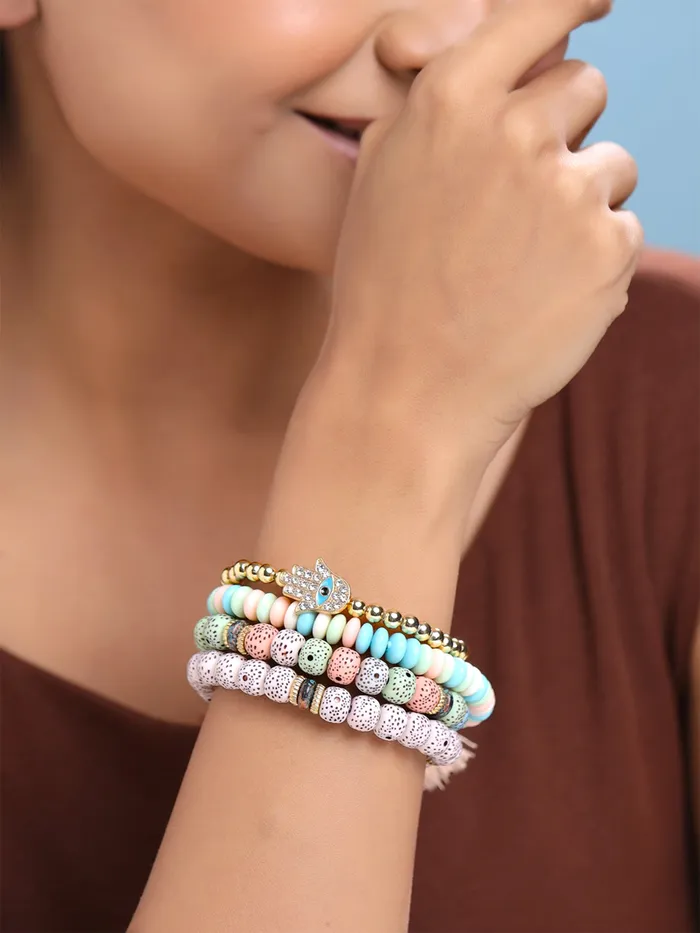 Yellow Chimes Earrings Yellow Chimes Bracelet for Women and Girls Evil Eye Nazariya Bracelets for Women 4 Pcs Multicolor Beads Layered Bracelet Birthday Gift For girls and women Anniversary Gift for Wife