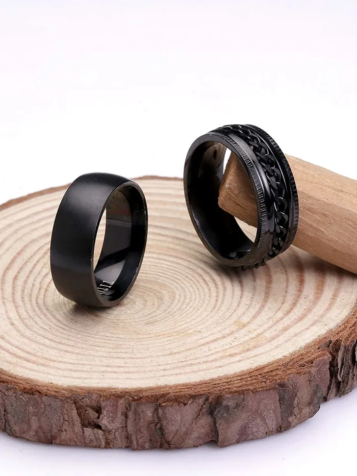 Yellow Chimes Earrings Yellow Chimes Combo Black Rings For Men Pack of 2 Stainless Steel Men Rings Design Black Finger Rings for Boys Ideal Gift For Men and Boys