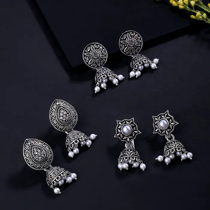 Yellow Chimes Earrings Yellow Chimes Earrings for Women and Girls Traditional Silver Oxidised JhumkaGerman Silver Combo of 3 Pairs Jhumki EarringsBirthday Gift For girls and women Anniversary Gift for Wife