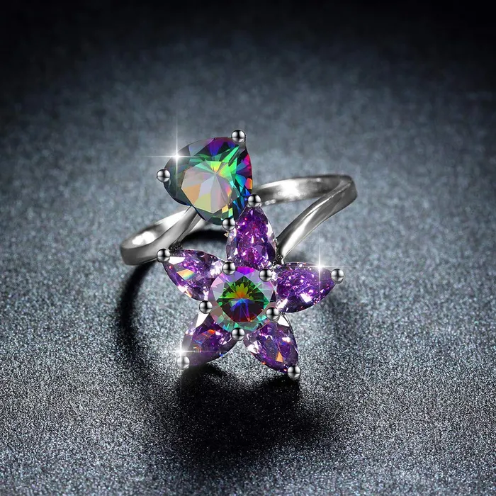 Yellow Chimes Earrings Yellow Chimes Elegant A5 Grade Floral Love Heart Purple Crystal Rhodium Plated Proposal Ring for Women Girls