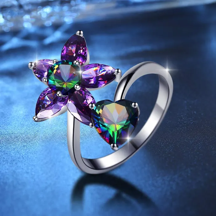 Yellow Chimes Earrings Yellow Chimes Elegant A5 Grade Floral Love Heart Purple Crystal Rhodium Plated Proposal Ring for Women Girls