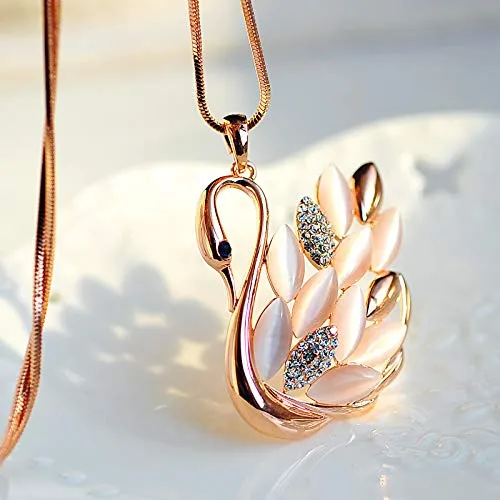 Yellow Chimes Earrings Yellow Chimes Golden Swan Opal Crystal Stylish Long Chain Pendant Necklace for Girls and Women
