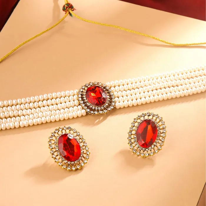 Yellow Chimes Earrings Yellow Chimes Jewellery Set for Women and Girls White Beads Necklace Set for Women Gold Tone Red Crystal Choker Necklace Set Birthday Gift for girls women Anniversary Gift for Wife