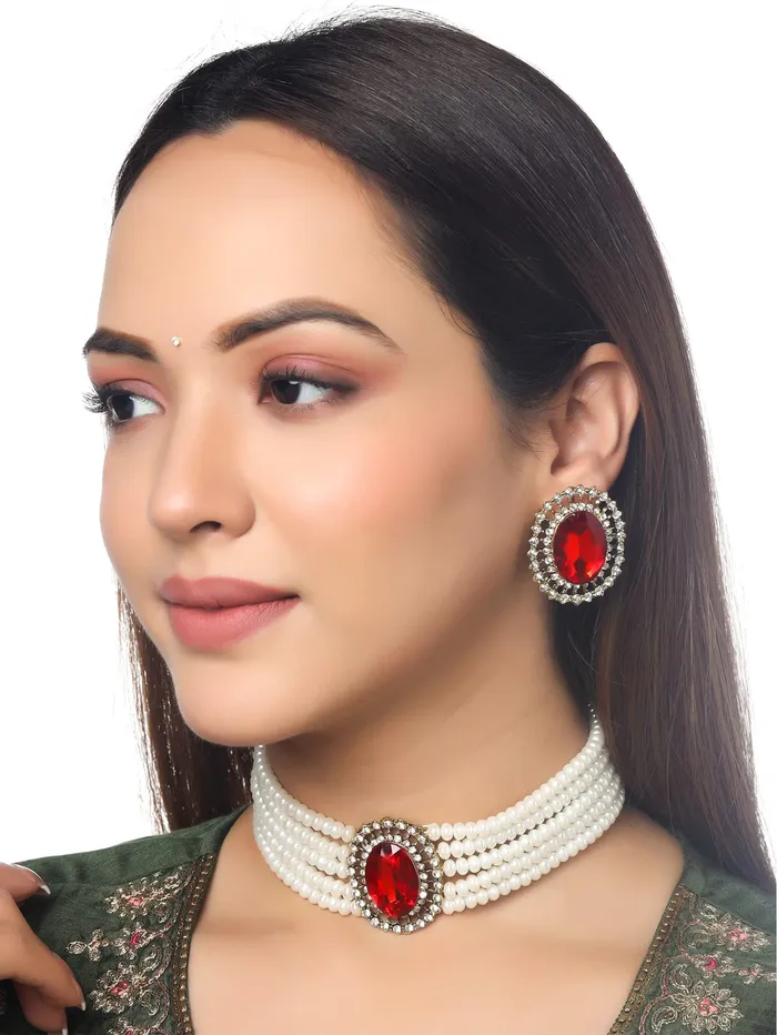 Yellow Chimes Earrings Yellow Chimes Jewellery Set for Women and Girls White Beads Necklace Set for Women Gold Tone Red Crystal Choker Necklace Set Birthday Gift for girls women Anniversary Gift for Wife