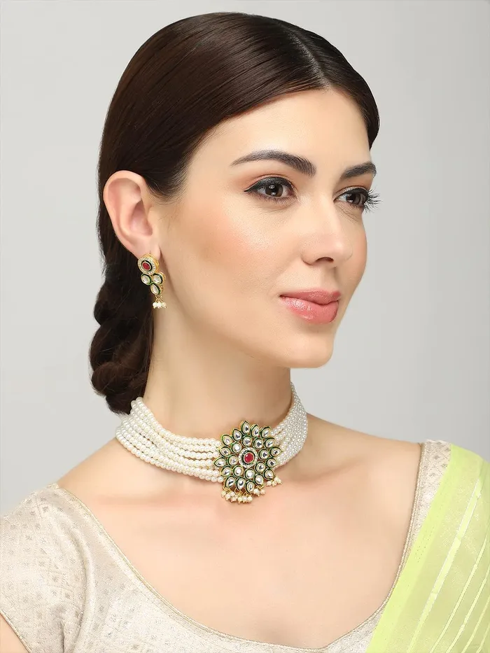 Yellow Chimes Earrings Yellow Chimes Kundan Jewellery Set for Women Multilayed Pearl Choker Necklace Set Gold Plated Traditional Necklace Set for Women and Girls