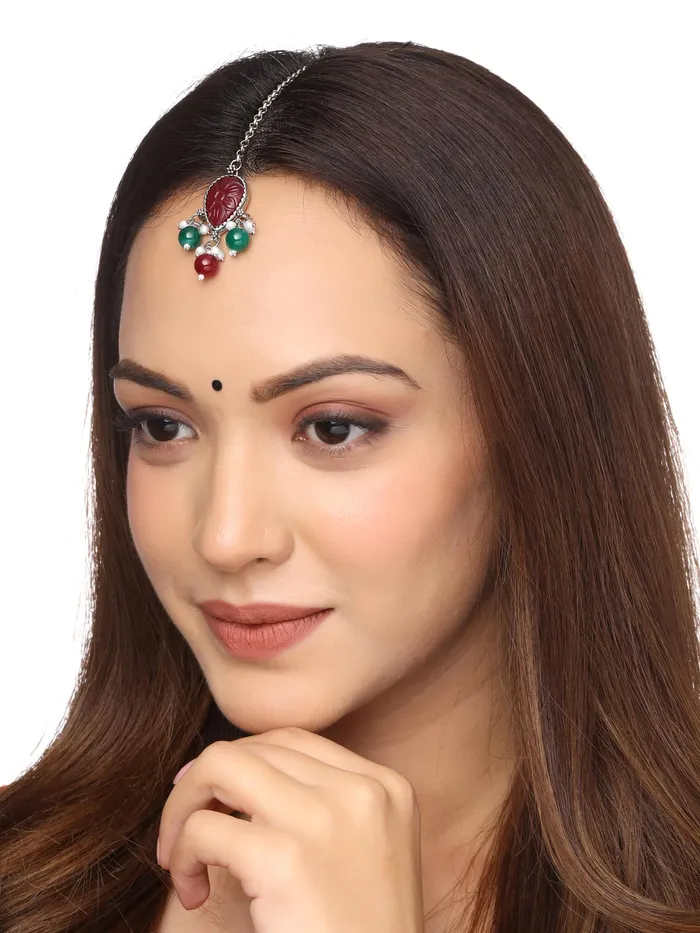 Yellow Chimes Earrings Yellow Chimes Maangtikka for Women Silver Oxidised Red Stone Studded Floral Designed Beads Drop Designed Maanngtikka for Women and Girls Yellow Chimes Earrings Yellow Chimes Maangtikka for Women Silver Oxidised Red Stone Studded Floral Designed Beads Drop Designed Maanngtikka for Women and Girls